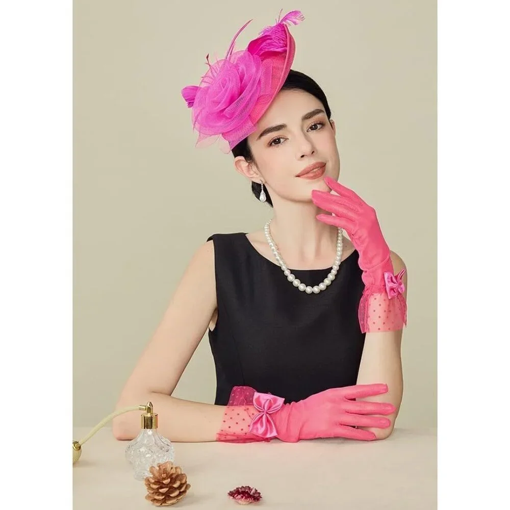 Women's Bow Gloves Rose Red Short Lace Evening Wedding Accessories Party Prom